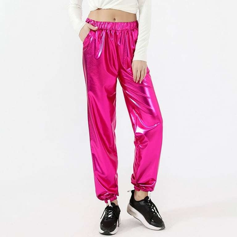 JDEFEG Womens Pants Casual Work Elastic Waist Women Casual Fashion Loose  Pants Casual Street Slacks in Metallic Color for Women Sports Street Hop  Party Shiny Trousers Women Trouser Polyester Red Xl 