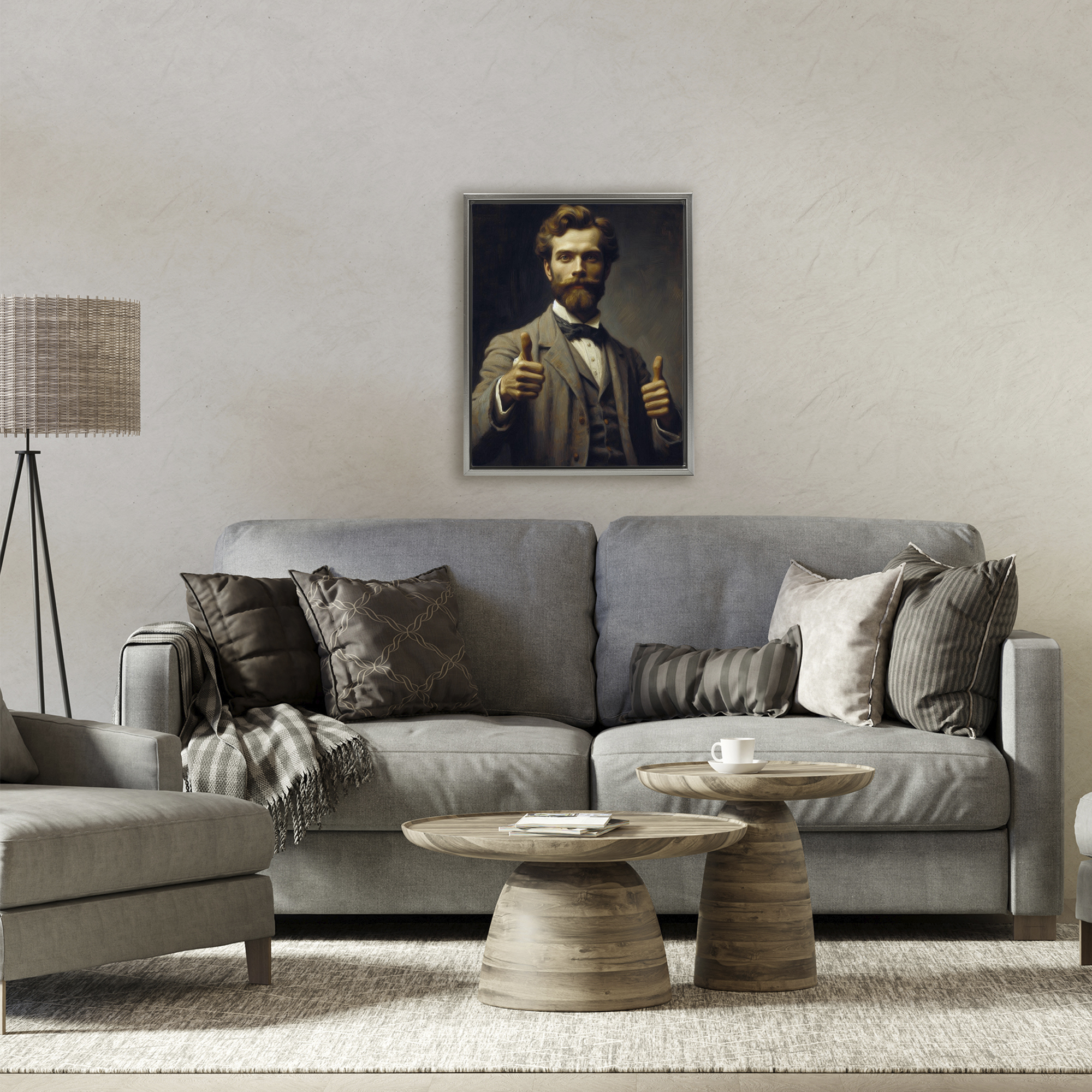 Funny Thumbs Up Gentleman Gray Framed Floater Canvas Wall Art, design by Lettered and Lined