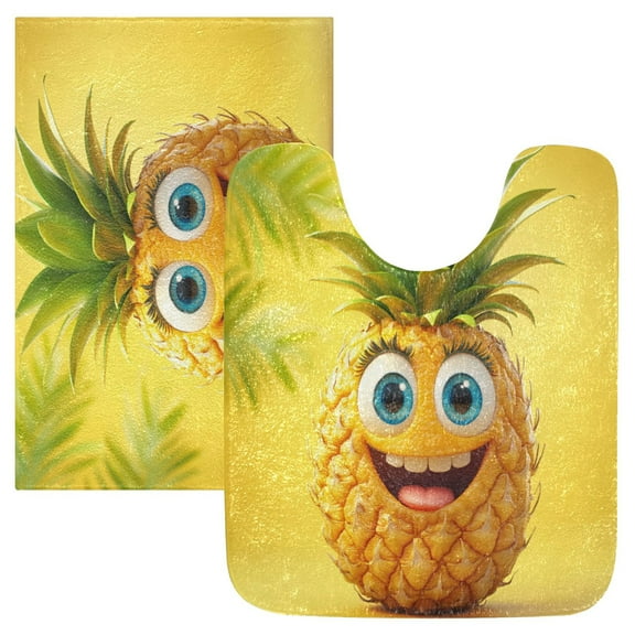 2 Piece Soft Bathroom Rug Set Yellow Pineapple Bath Mat and U-Shaped Toilet Contour Rug (16"x24" 20"x24")