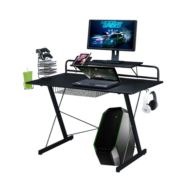 Techni Sport TS-200 Carbon Gaming Desk, Black, Headphone Holder