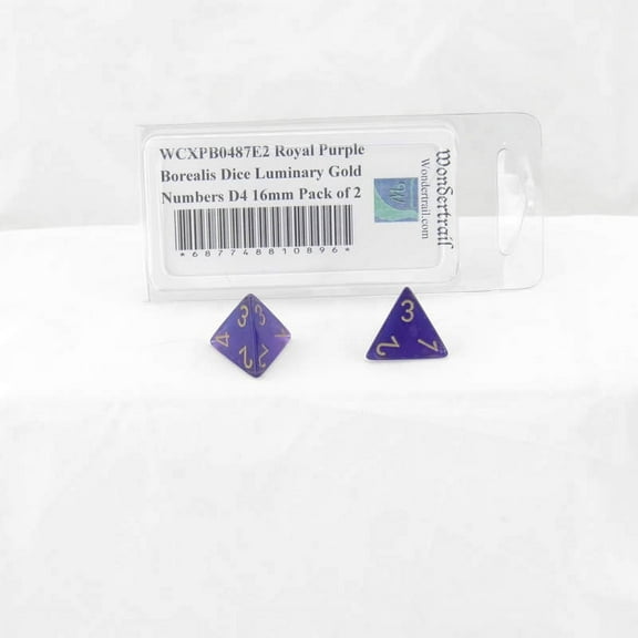 Royal Purple Borealis Dice Luminary with Gold Numbers D4 Aprox 16mm (5/8in) Pack of 2 Wondertrail