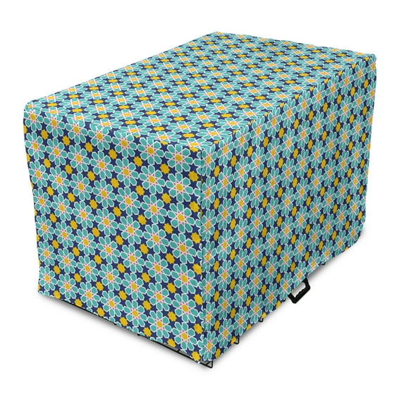 Abstract Dog Crate Cover, Eastern Inspired Traditional Motifs and Shapes, Easy to Use Pet Kennel Cover Small Dogs Puppies Kittens, 7 Sizes, Night Blue Turquoise, by Ambesonne