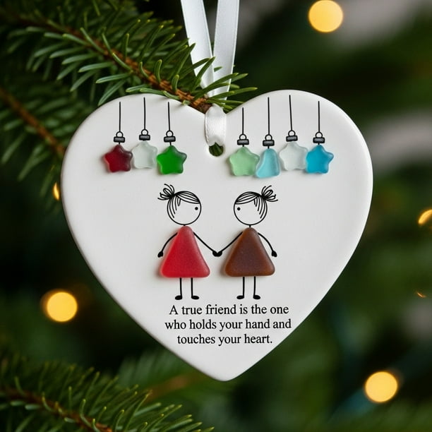 mfyjkho Adorno de la amistad de vidrio marino en forma de corazón, 8 cm, regalo de recuerdo hecho a mano para hermana, compañera de trabajo, decoración colgante para árbol de Navidad, 1 unidad