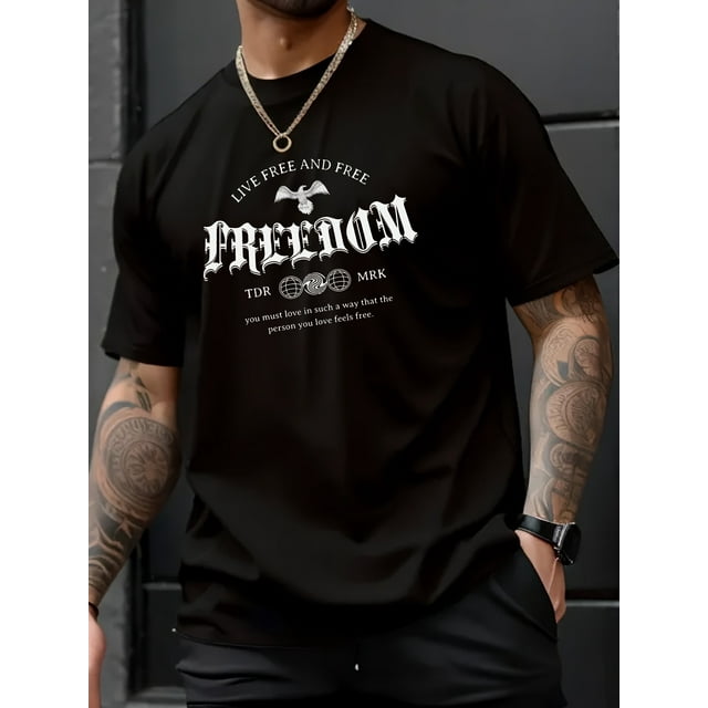 Men's Freedom Pigeon Print Tee Shirt, Tees For Men, Casual Short Sleeve T-shirt For Summer