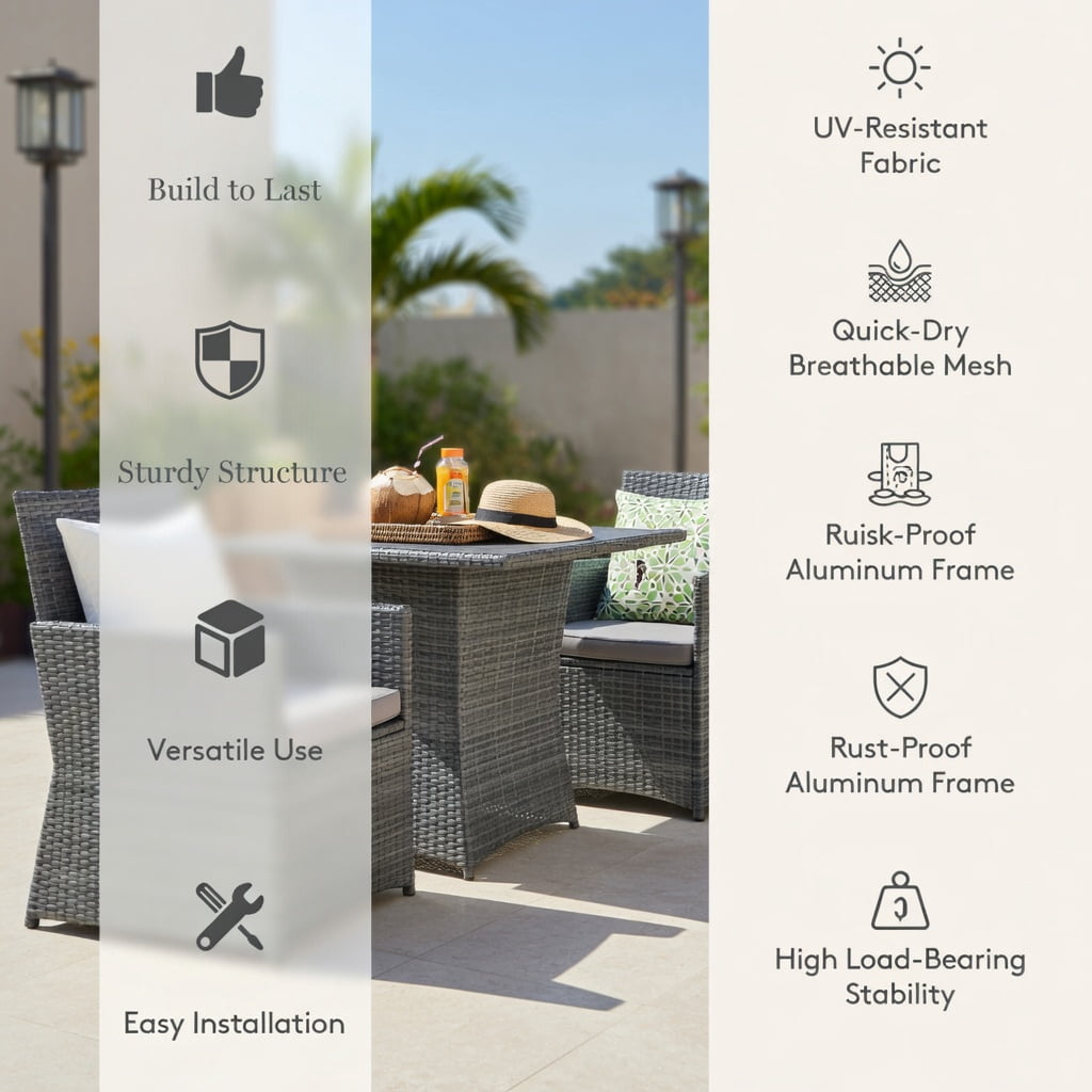 Hommoo 3-Piece Patio Rattan Furniture Set, Steel Frame Outdoor Sofa & Table with Washable Cushions for Balcony, Porch, Garden, Gray