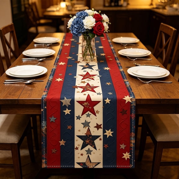 4th of July Patriotic Table Runner, Red White Blue Star Stripe Floral Print Table Linen, Farmhouse Decor for Dining Table Kitchen Memorial Day Veterans Day Home Decor