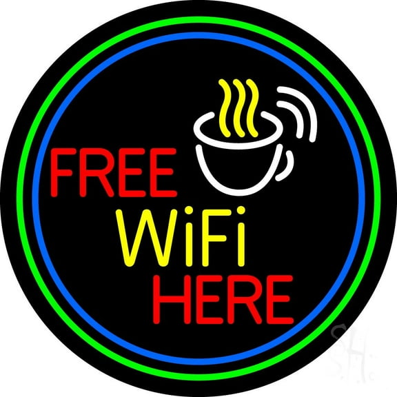 Red Free Wifi Available Here 1 LED Neon Sign 18 x 18 - inches, Clear Edge Cut Acrylic Backing, with Dimmer - Bright and Premium built indoor LED Neon Sign for Computer & Electronics store decor.