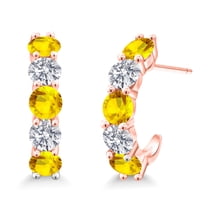 Gem Stone King 18K Rose Gold Plated Silver Yellow Sapphire and White Lab Grown Diamond Earrings for Women | 3.24 Cttw | Gemstone September Birthstone | Round 4MM