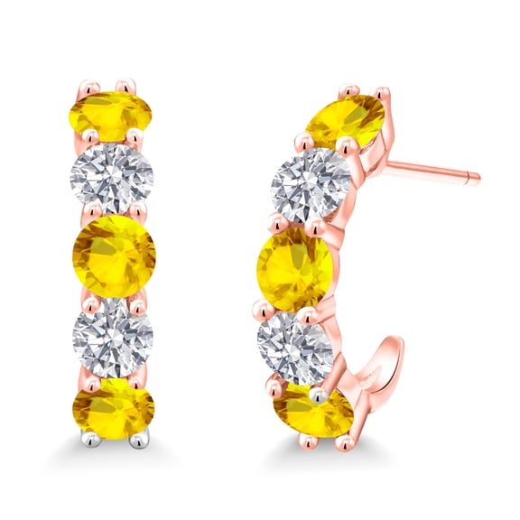 Gem Stone King 18K Rose Gold Plated Silver Yellow Sapphire and White Lab Grown Diamond Earrings for Women | 3.24 Cttw | Gemstone September Birthstone | Round 4MM