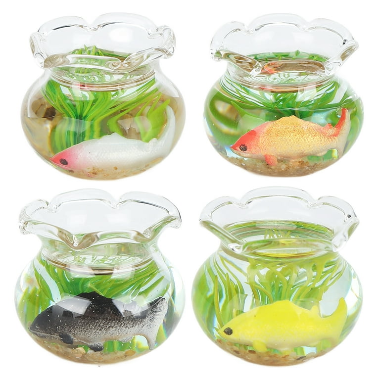 Kisangel 4pcs Miniature Fish Bowl Tiny Glass Fish Bowl Miniature Fish Tank  Dollhouse Desktop Ornaments (The Color of Fish is Random)