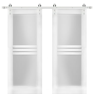 Modern Double Barn Door 56 x 96 inches with Opaque Glass 4 Lites / Mela 7222 White Silk / Stainless Steel 13FT Rail Track Set / Solid Panel Interior Doors