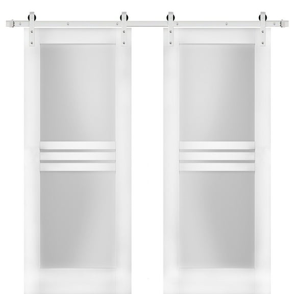 Modern Double Barn Door 56 x 96 inches with Opaque Glass 4 Lites / Mela 7222 White Silk / Stainless Steel 13FT Rail Track Set / Solid Panel Interior Doors