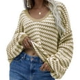 thumbnail image 3 of Womens Loose Crewneck Long Sleeve Stripped Off the Shoulder Knitted Solid Pullover Fall Jumper Tops Yellow Apricot XL, 3 of 7