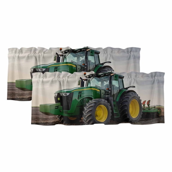 Farm Tractor Curtain Valances for Windows, Kitchen Valance Window Treatments Panel 2 Pack, Green Truck Country Rustic Field Harvester Rod Pocket Short Curtains for Bathroom Bedroom 42 x 12 Inch