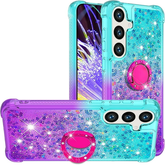 for Samsung Galaxy S25 Plus (Not S25)/ S24 Plus Quicksand Case with Ring Kickstand, Bling Cute Glitter Flowing Liquid Floating Sparkle Cover for Samsung Galaxy S25 Plus. JB-Green Purple