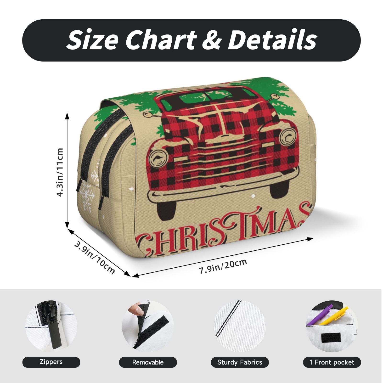 Rateoe Christmas Vintage Red Truck Pattern Double Clamshell Pen Case, Storage Organizer with Two Zipper Compartments– Holds Up to 50 Pencils & Pens