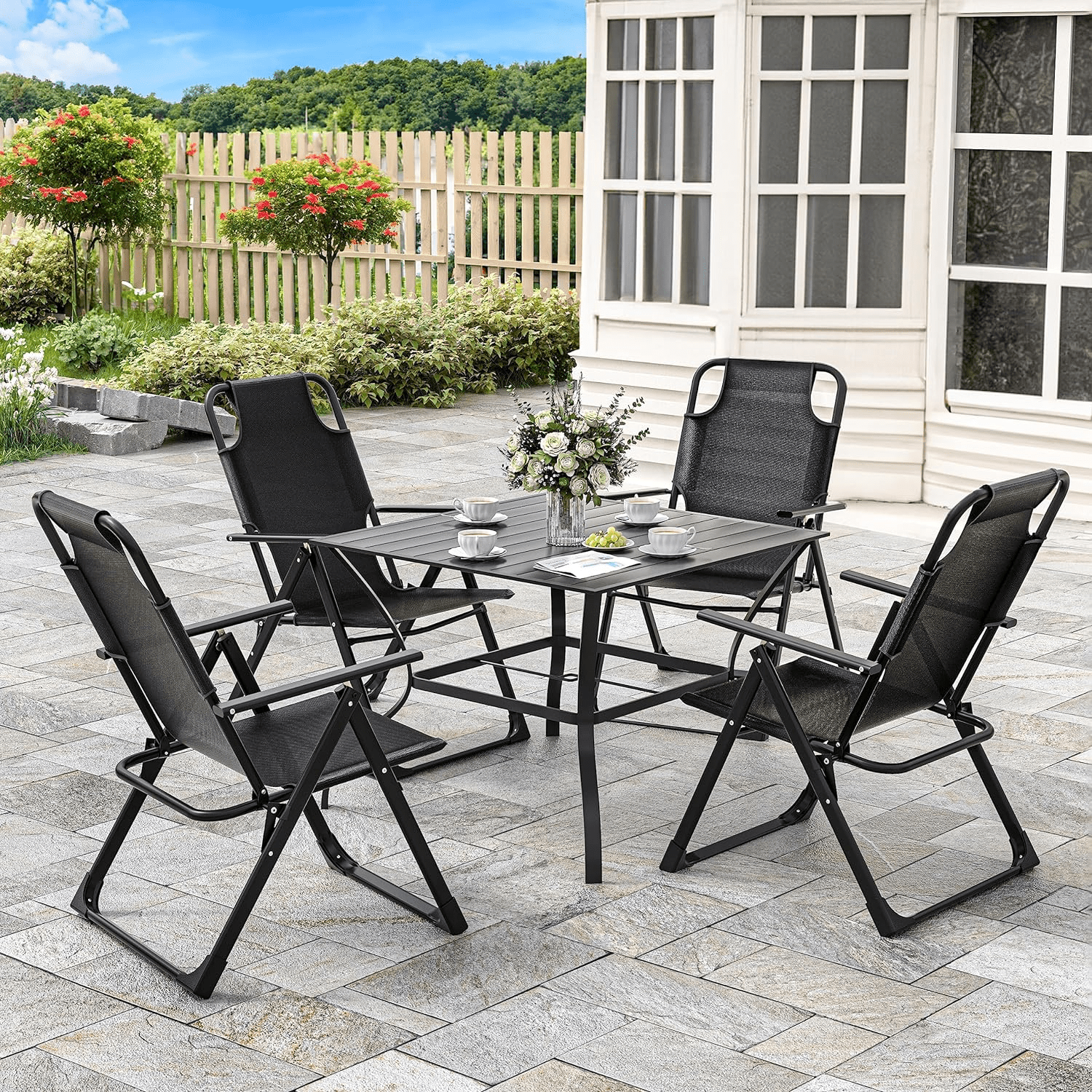 Amopatio Outdoor Folding Patio Sling Chairs Set of 4, Adjustable Recliner for adult, for Outdoor Camping Garden,300LB