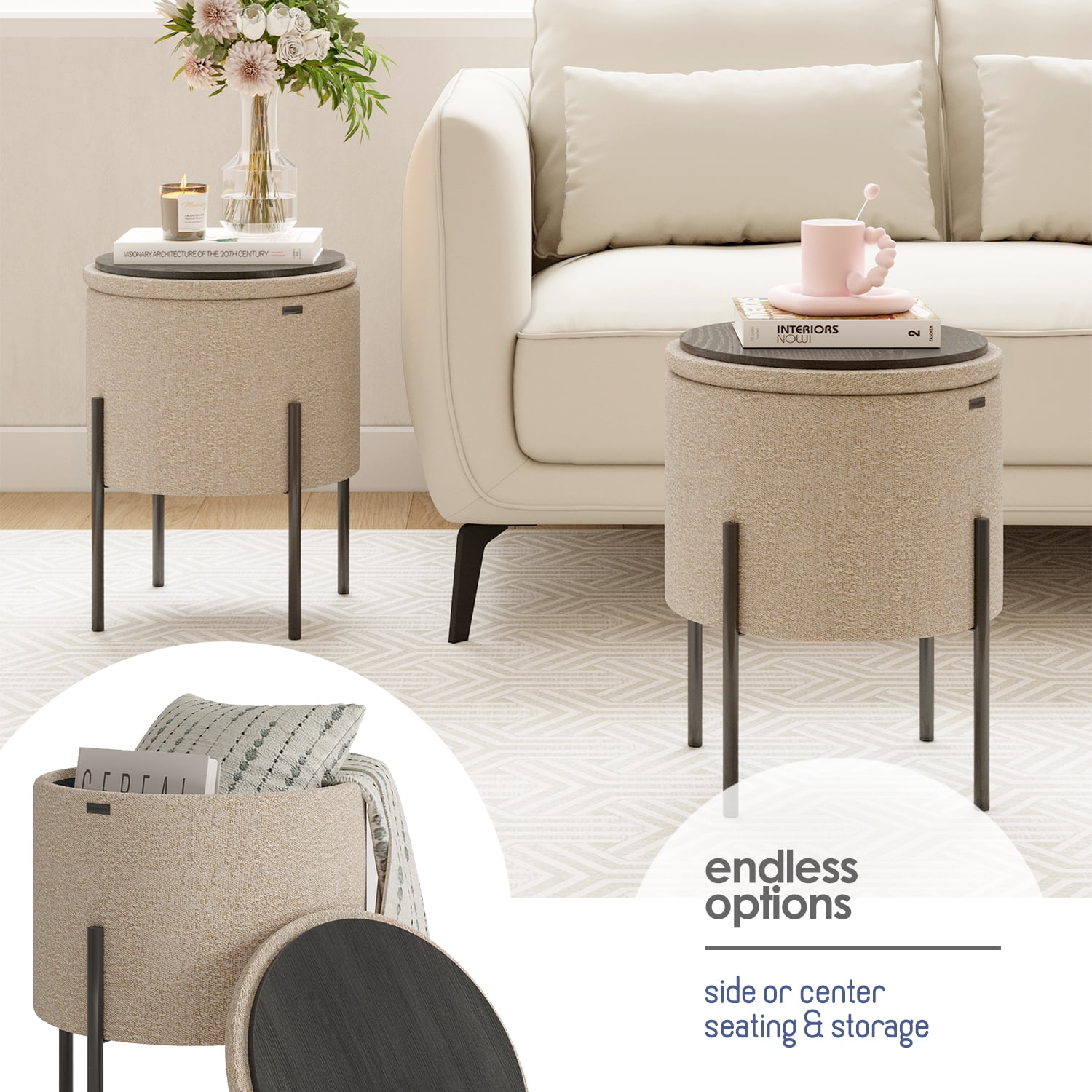 LammaLoe Small Round Ottoman with Storage, Boucle Ottoman Foot Stool with Lid, Upholstered Vanity Stool for Living Room & Bedroom, Beige