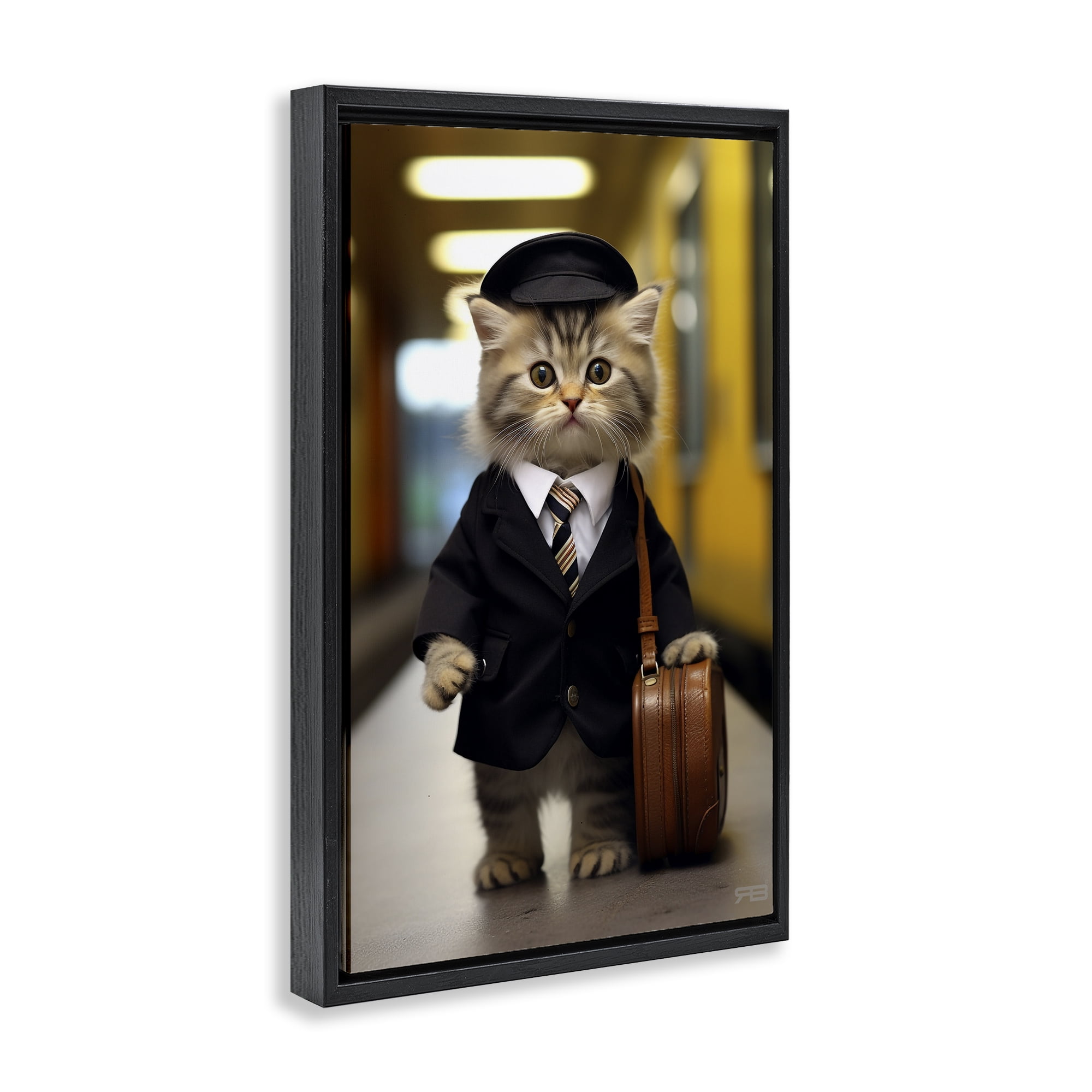 Stupell Industries Traveler Kitten & Briefcase Novelty Painting Black Floater Framed Canvas Art Print Wall Art, 21 x 31