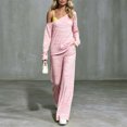 thumbnail image 5 of vdgthytj 2 Piece Sets for Women Striped Long Sleeve off Shoulder Tops Wide Leg Pants Fall Casual Loungewear Outfits(X-Small,Pink), 5 of 6