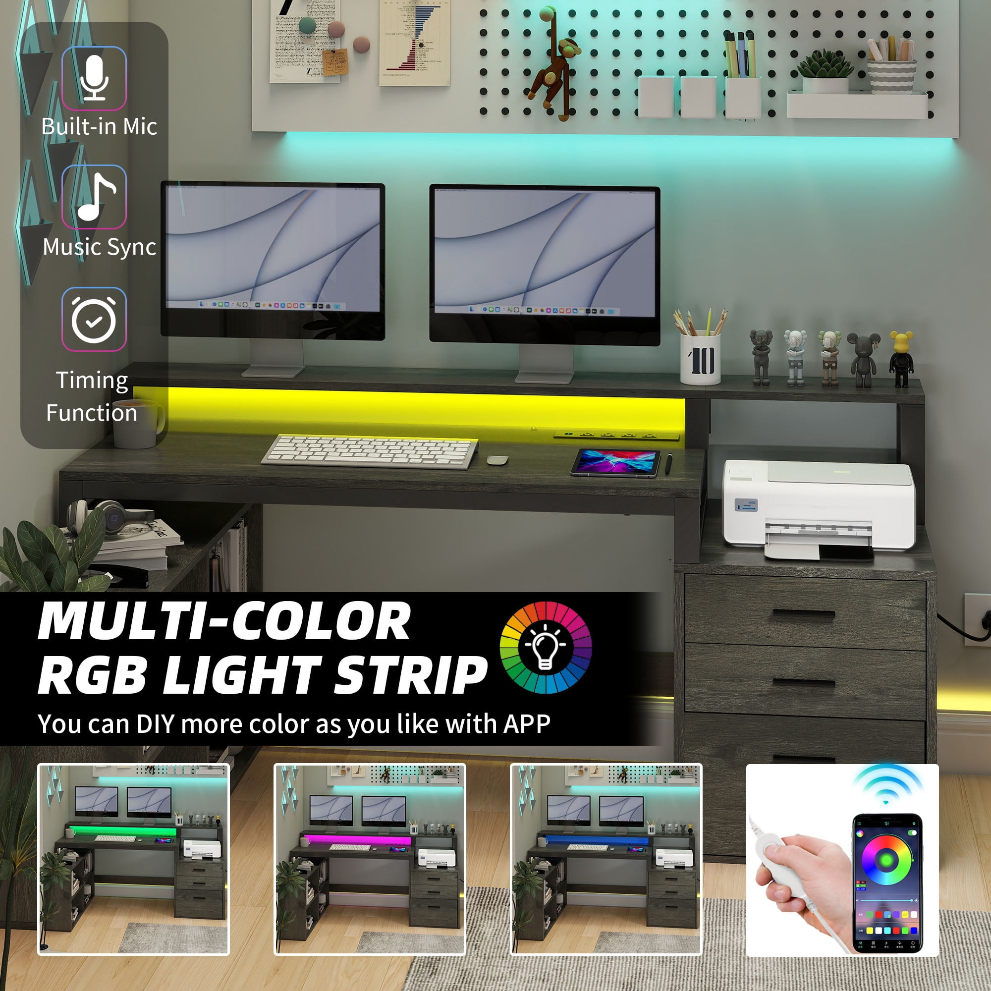 Dextrus L-Shaped Desk with USB Ports & LED Light, Modern Computer Desk with Monitor Stand & 3 Drawers,  White
