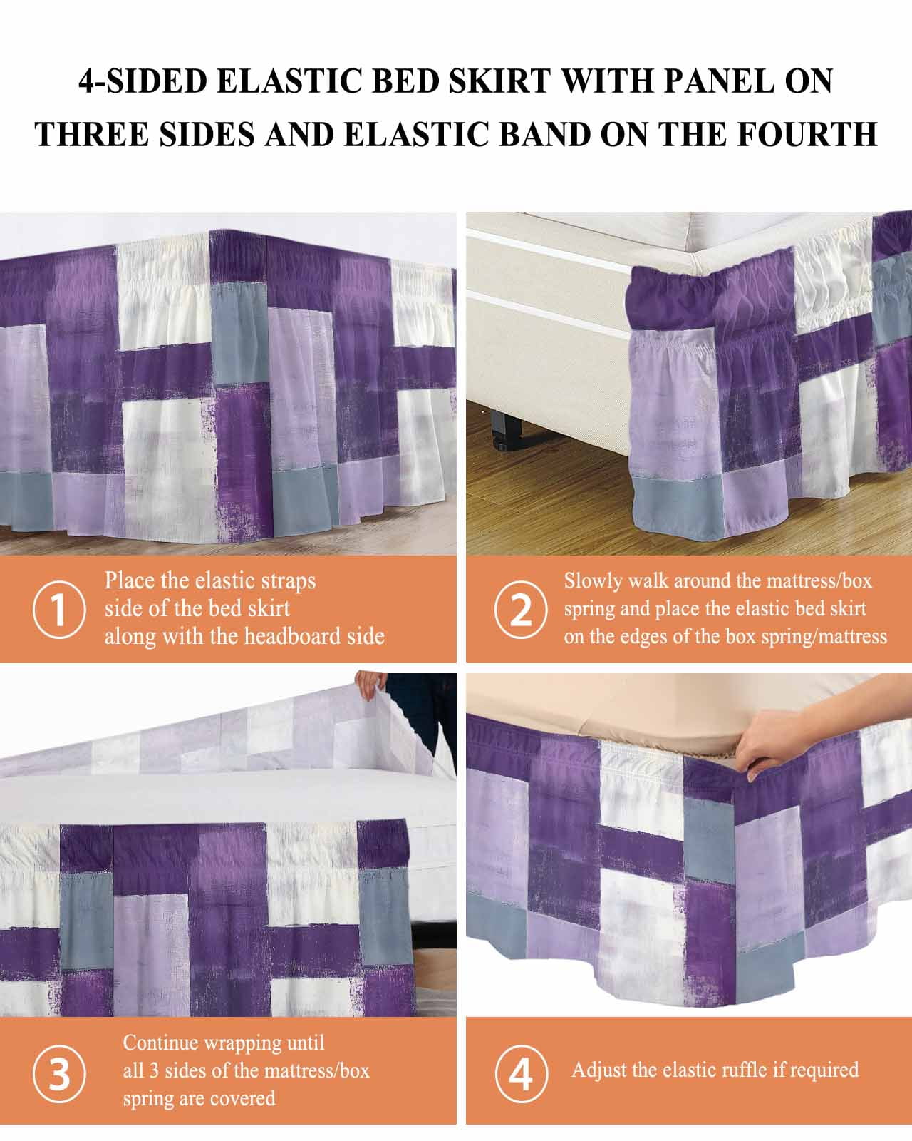 Abstract Purple Bed Skirt King Size 18" Drop Gray Gradient Graffiti Color Block Modern Art Ruffled Wrap Around Bed Skirts Adjustable Elastic Bedskirt Dust Ruffle for King Size Bed