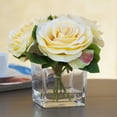 thumbnail image 2 of Enova Home 4 Large Heads Artificial Velvet Roses Faux Flowers in Cube Glass Vase with Faux Water for Home Office Wedding Decoration (Beige), 2 of 3