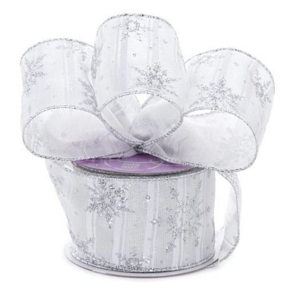 White Silver Snowflake Christmas Ribbon - 2 1/2" x 10 Yards, Wired Ribbon, Gift Wrapping, Wreath