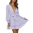 thumbnail image 2 of Vestido de manga larga para mujer Escote en V profundo Color liso Vestido de primavera y verano Cintura alta S-3XL Mini vestido de talla grande SAYOO moda, 2 of 6