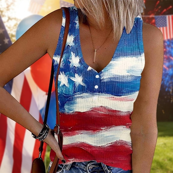 HOMBOM Womens Summer Tank Top Sleeveless 4th of July American Flag Floral Print Button Ribbed V Neck Everyday Shirts for Women