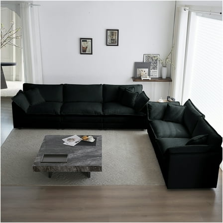 JERFIT 5-Piece Chenille Sofa Set, 2 3 Seater Couch for Living Room, Deep Seat Upholstered Sectional, Modern Black Furniture