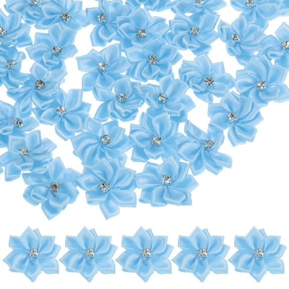 Uxcell 200-pack Satin Ribbon Flowers, 1.2 Inch Mini Fabric Flowers with Rhinestones for Crafts and DIY Projects Blue