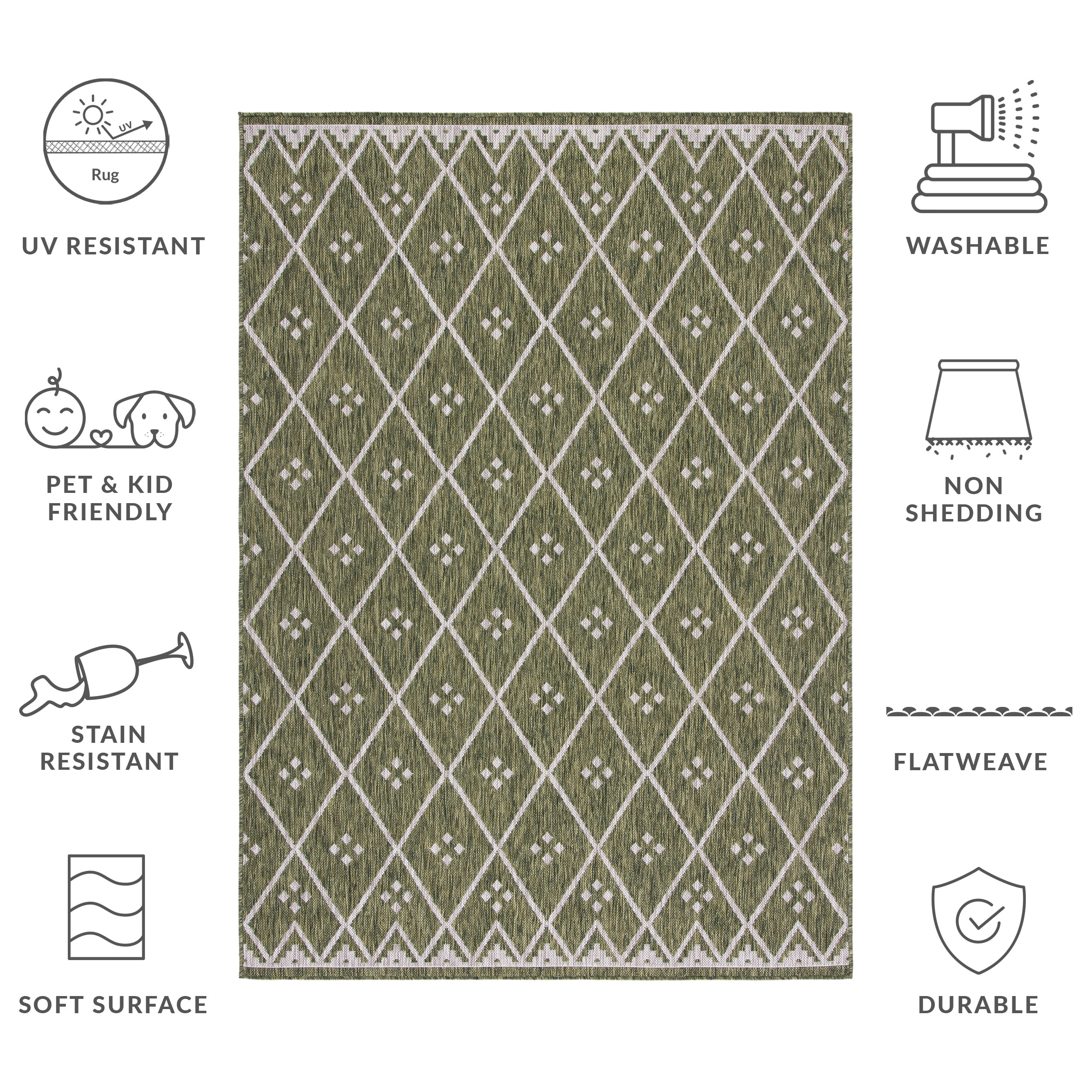 SAFAVIEH Courtyard Wasif Geometric Indoor/Outdoor Area Rug, Green/Grey, 6'7" x 9'6"