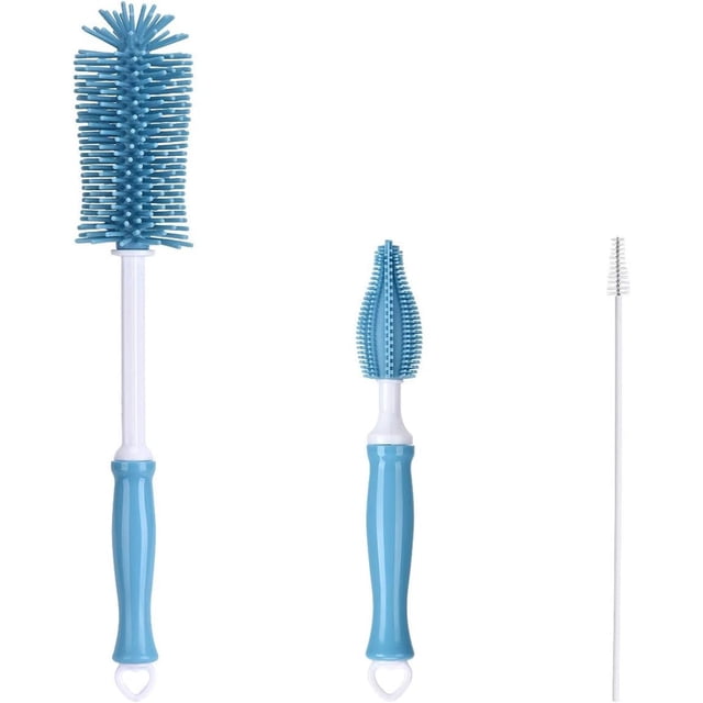 Juego de 3 piezas de cepillos para biberones - Azul - Limpiador de biberones - Sin BPA - Accesorios de alimentación de silicona