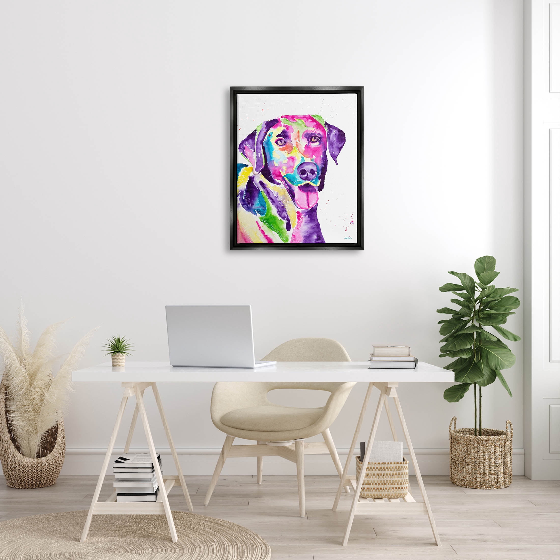 Purple Lab Dog Happy Retriever Animals & Insects Graphic Art Jet Black Framed Art Print Wall Art