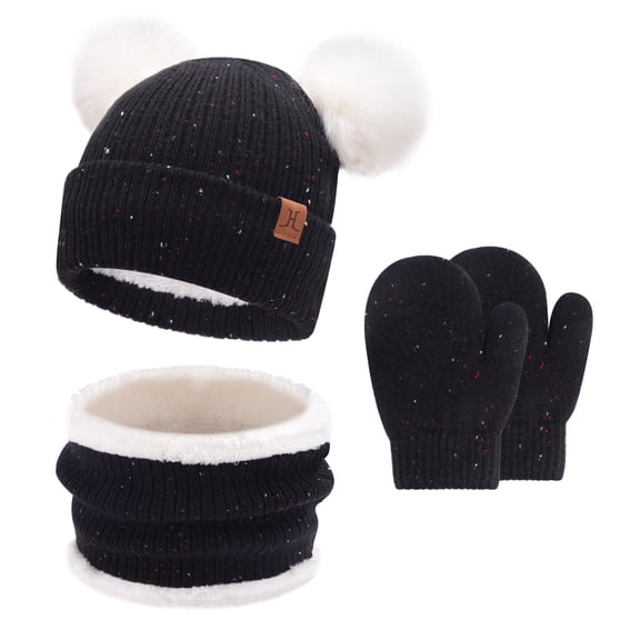 FZ FANTASTIC ZONE Toddler Kids Winter Hats Gloves Scarfs Beanie Mittens Neck Warmer for 0 6 12 Months 1 2 3 4 Year Old Baby Girls Boys Gifts, Black