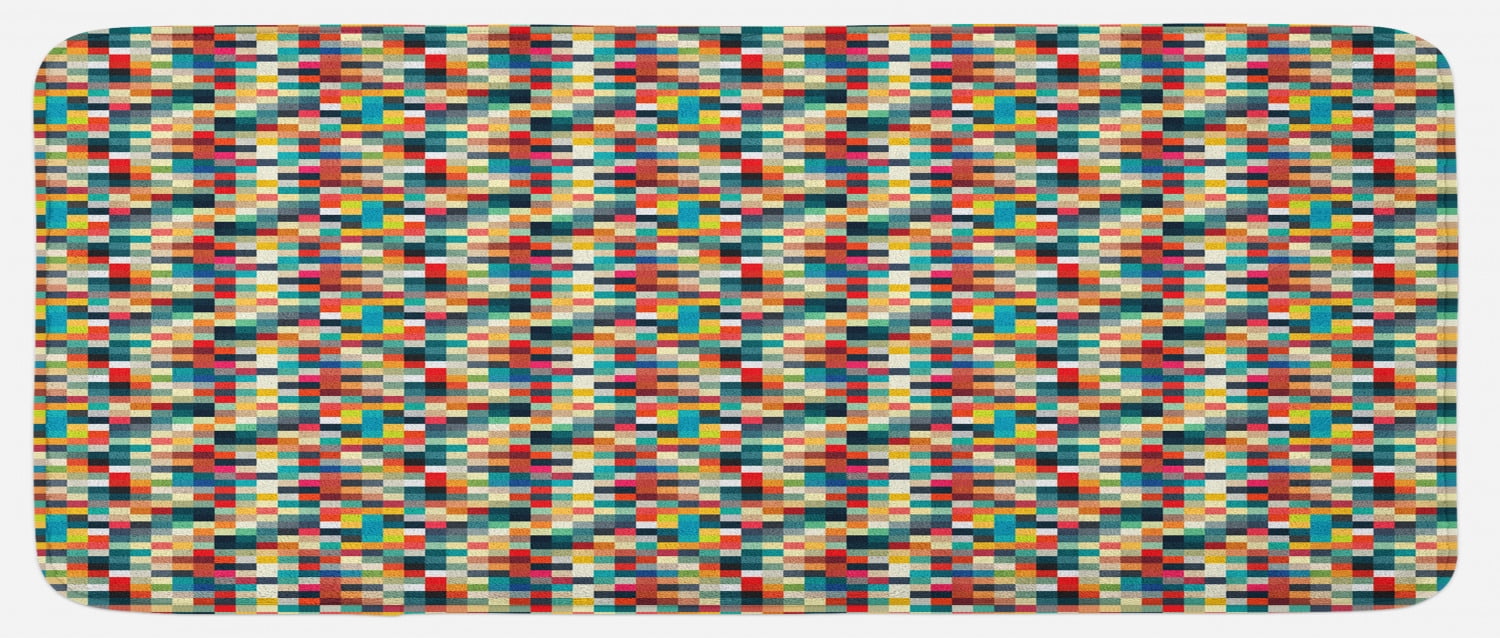 Pixels Matty Geometric Kitchen Mat, Pixel Art Inspired Checkered Squares Grid ...