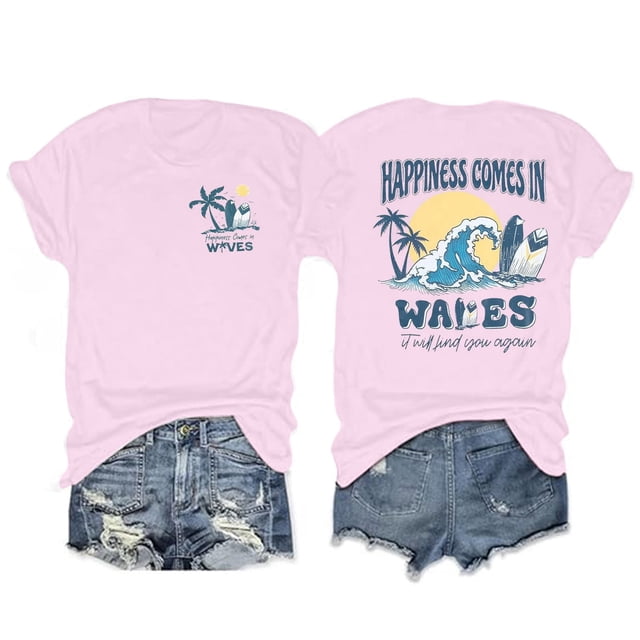 TINZ T-Shirt à Manches Longues Imprimé d'Été pour Femmes, Col Rond, Compression, Coupe Ample, Pack de T-Shirts à Manches Courtes pour Femmes
