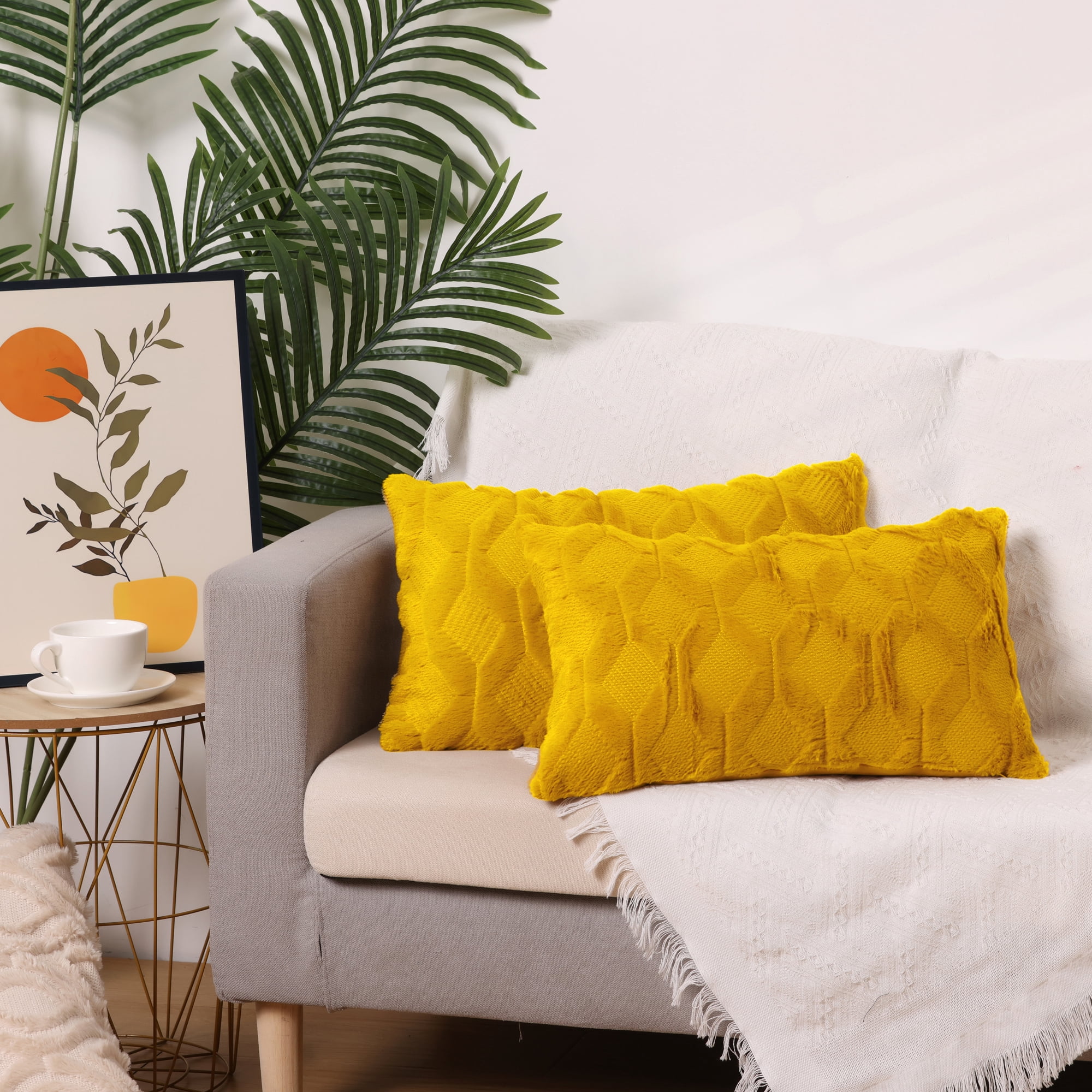 Unique Bargains Short Plush Solid Living Room Decorative Pillow Covers (2 Count) Turmeric 12" x 20"
