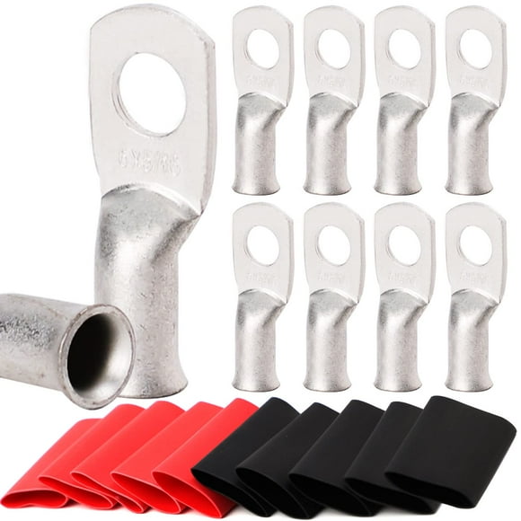TKDMR 10 Pcs 6 Crampons en Fil de Cuivre de Qualité Marine, avec Tuyauterie Rétractable à la Chaleur 3:1, Embouts de Câble de Batterie UL, Crampons de Câble Robustes, Illets en Cuivre Teintés, Bornes Tubulaires
