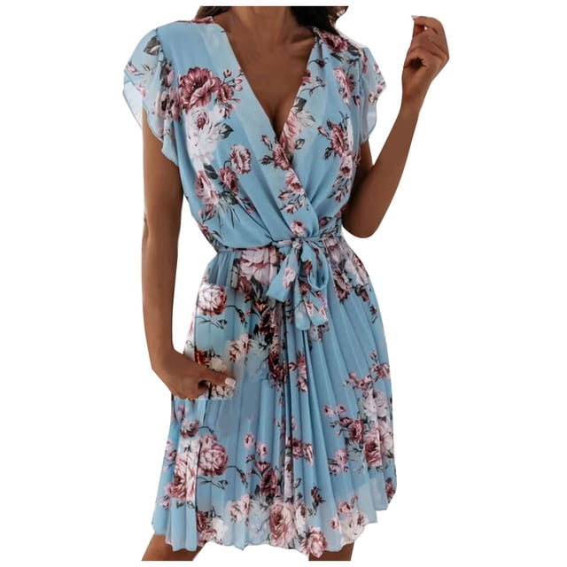 fartey Robes Boho pour Femmes avec Ceinture à la Taille Tunique à Imprimé Floral Coupe Ajustée Robe Midi Détente Col en V à Volants Manches Courtes Robe de Plage