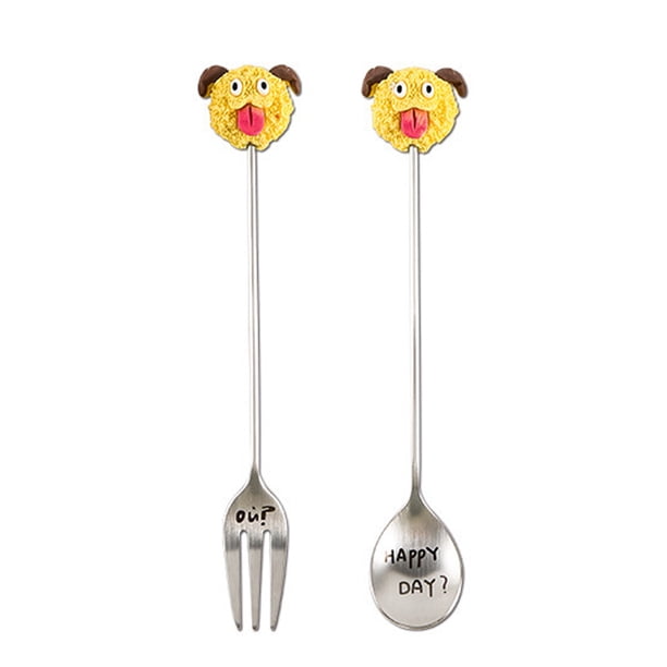 Naiovety 2 cucharas de dibujos animados para postres, tenedores de fruta, cucharas únicas para una experiencia elegante, vajilla con acabado Mostrada amarillo