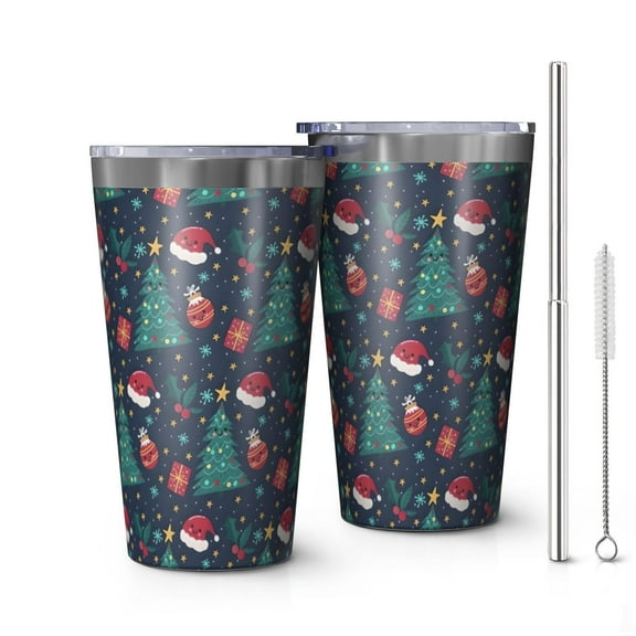 16oz Tumblers Dark Blue Christmas Pattern Stainless Steel Vacuum Insulated Double Wall Travel Tumbler Cups Mug with Lid and Straw,Cleaning Brush for Coffee,Tea