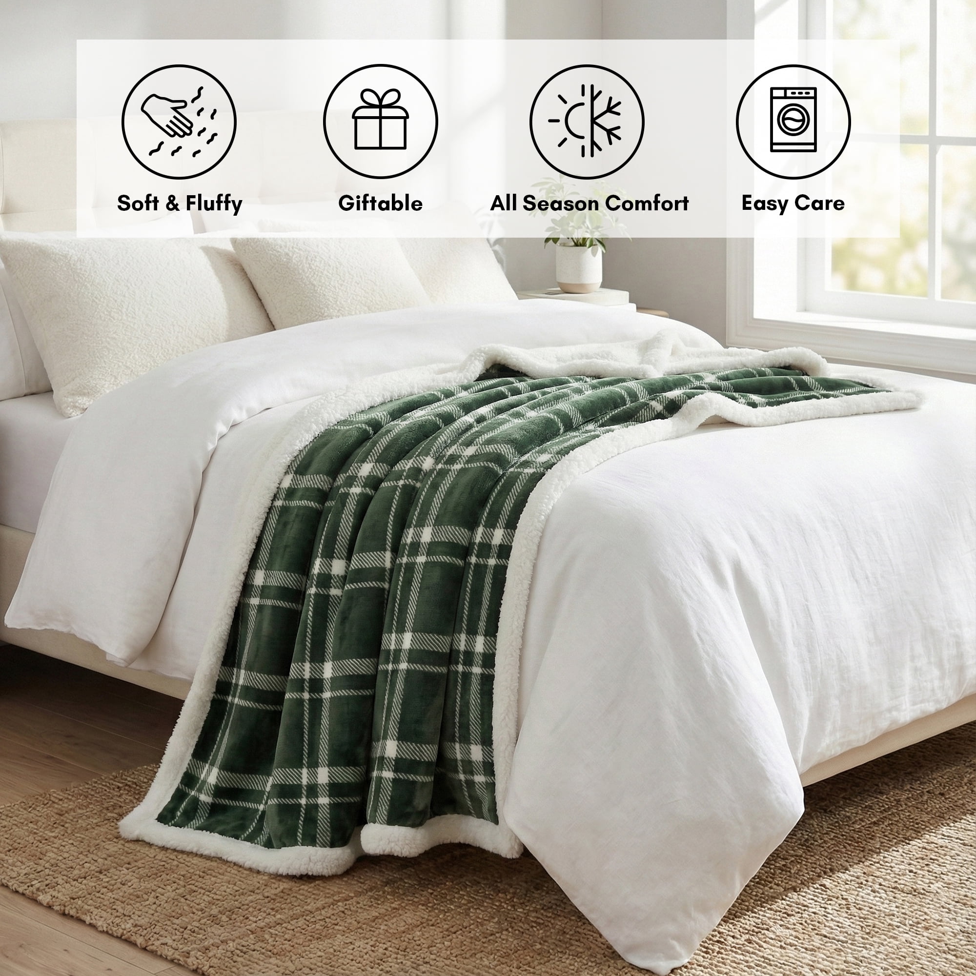 Americanflat Fleece and Reverse Sherpa Throw Blanket - 50x60 Inch Classic Tattersall Plaid - Ultra Soft Cozy Couch Cover - Warm Reversible Design - Green