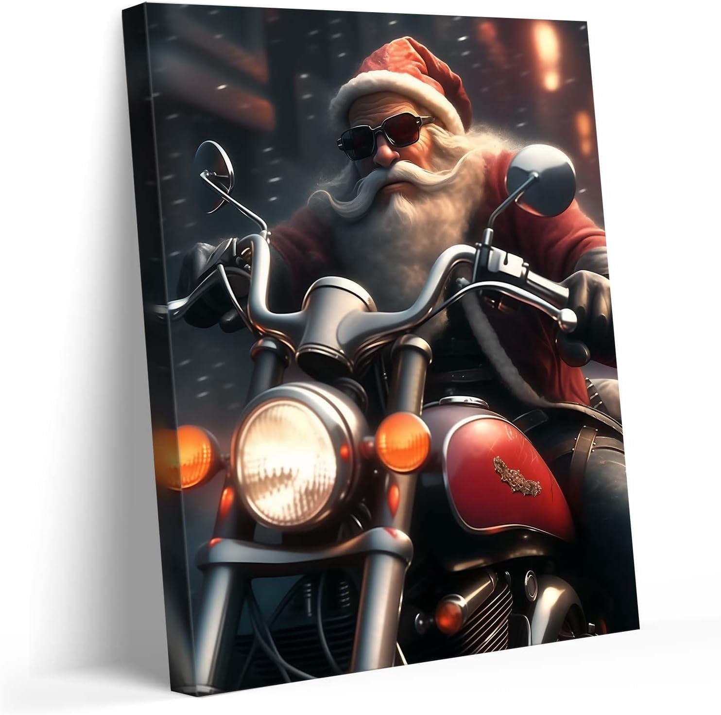 Christmas Cool Santa on Motorcycle Canvas wall art decor, Festive Wall Art for Living Room or Office, Unique Holiday Decor to Add a Fun and Modern Twist to Your Christmas Decorations 16X20inch