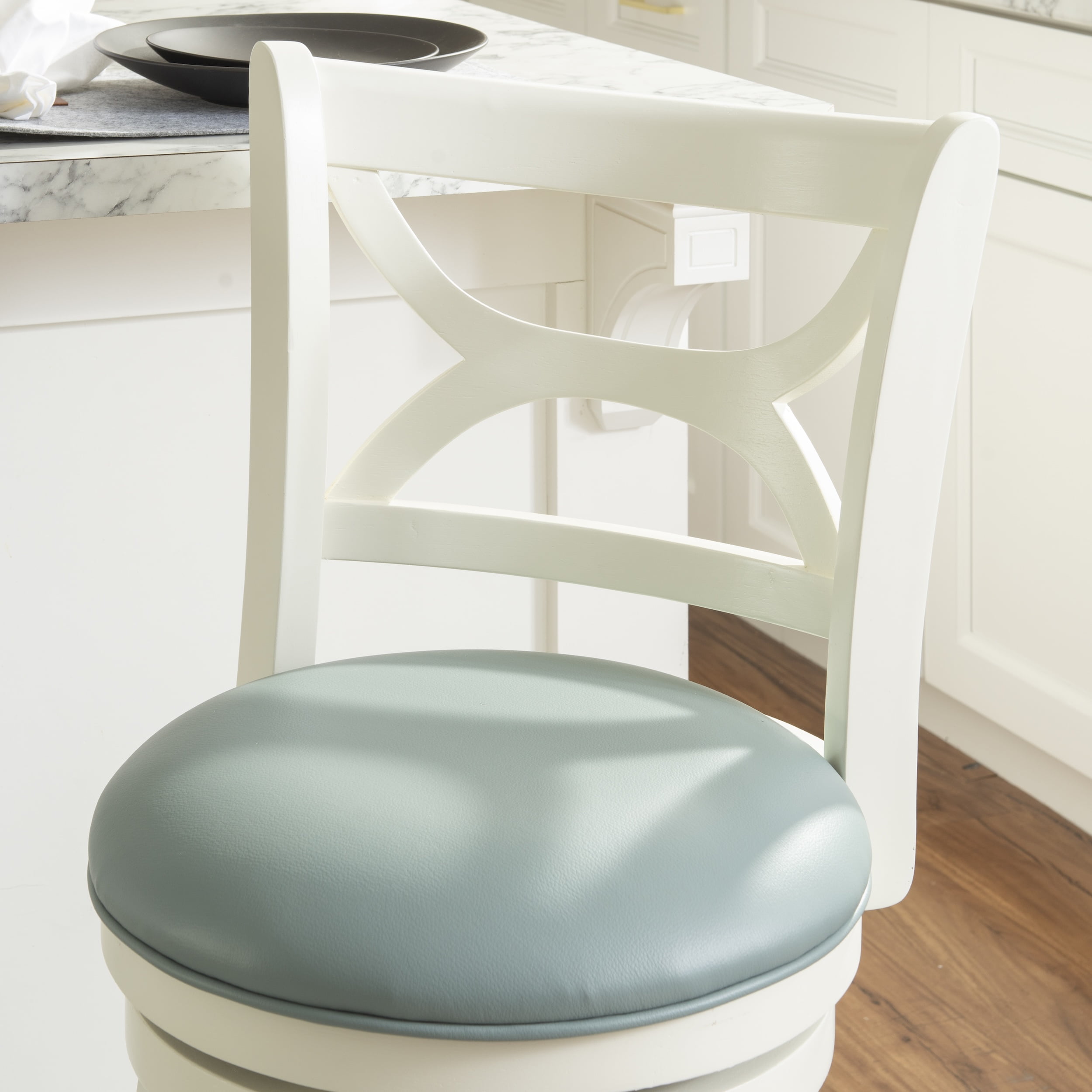 Powell Sawyer Counter Stool, 24" Seat Height, Cream Finish with Sky Blue Fabric