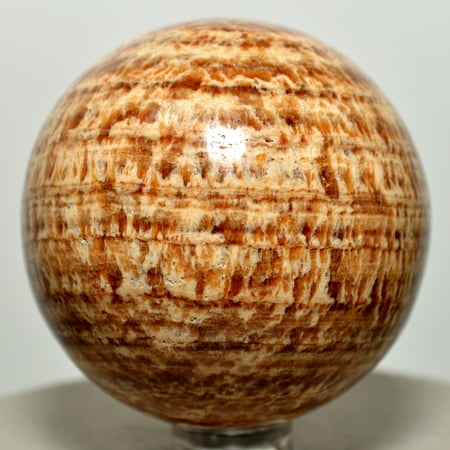 Aragonite Crystal - 52mm Peruvian Aragonite Banded Sphere Natural Brown Crystal Polished Ball Mineral Stone + Plastic Stand