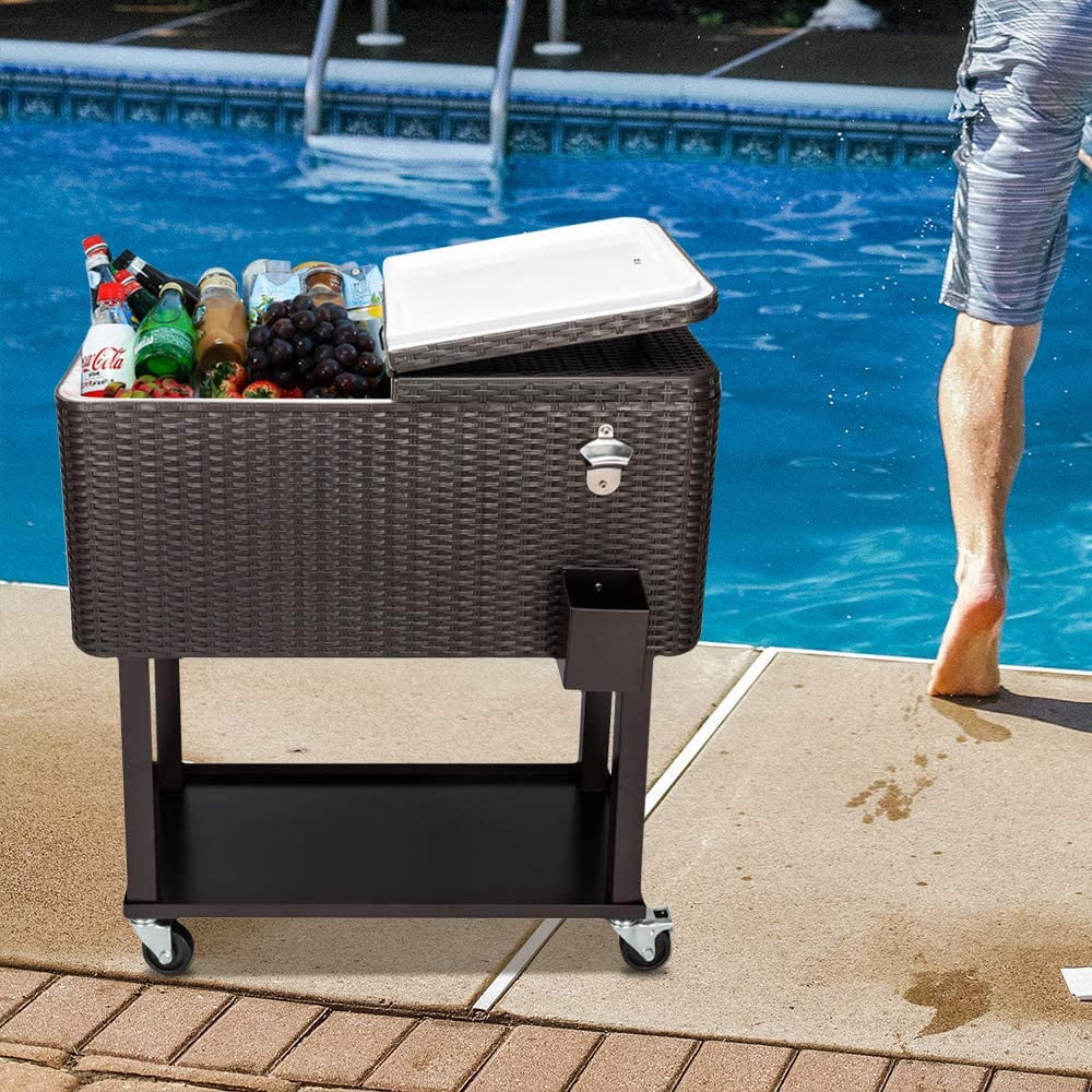 Rolling Coolers on Wheels, 80 Qt Ice Chest Cart for Outdoor Patio Deck, Brown Wicker Rolling 