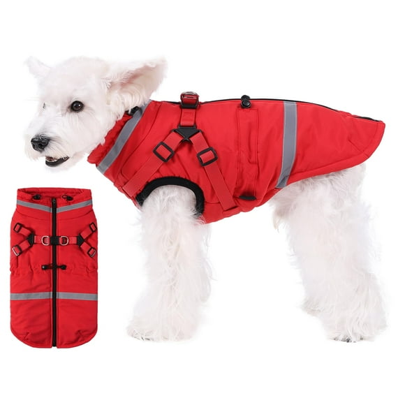 Norbi Dog Winter Coat with Harness Bulit in - Pet Warm Coats and Jackets for Small Medium Large Dogs with Reflective Stripes Red S