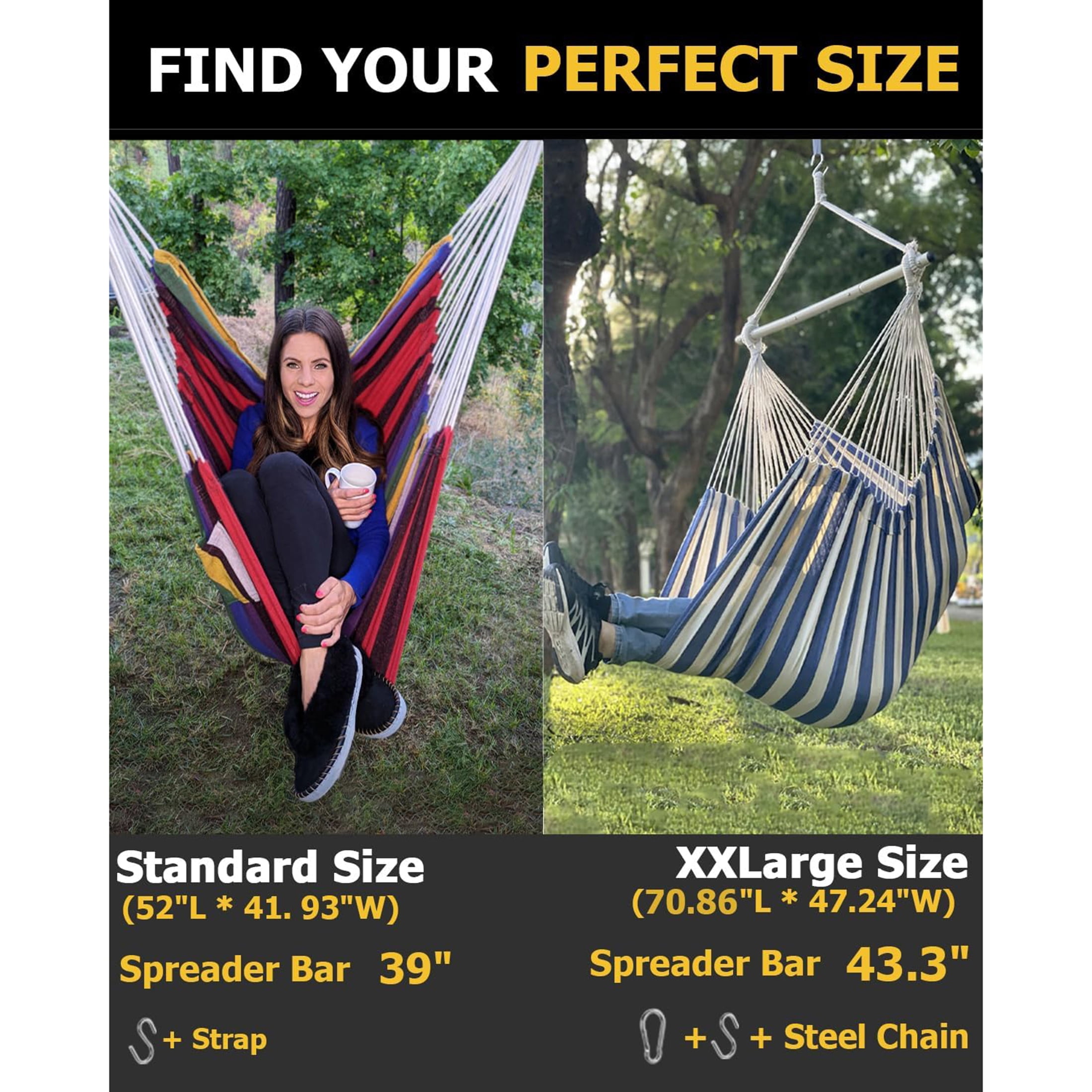 Sunyear Hammock Chair Anti-Slip Oversized Swing Chair  -  XXL Hanging Chair with  Steel Spreader Bar and Pocket for Bedroom, Patio, Outdoor/Indoor Use  (500 lbs Capacity)
